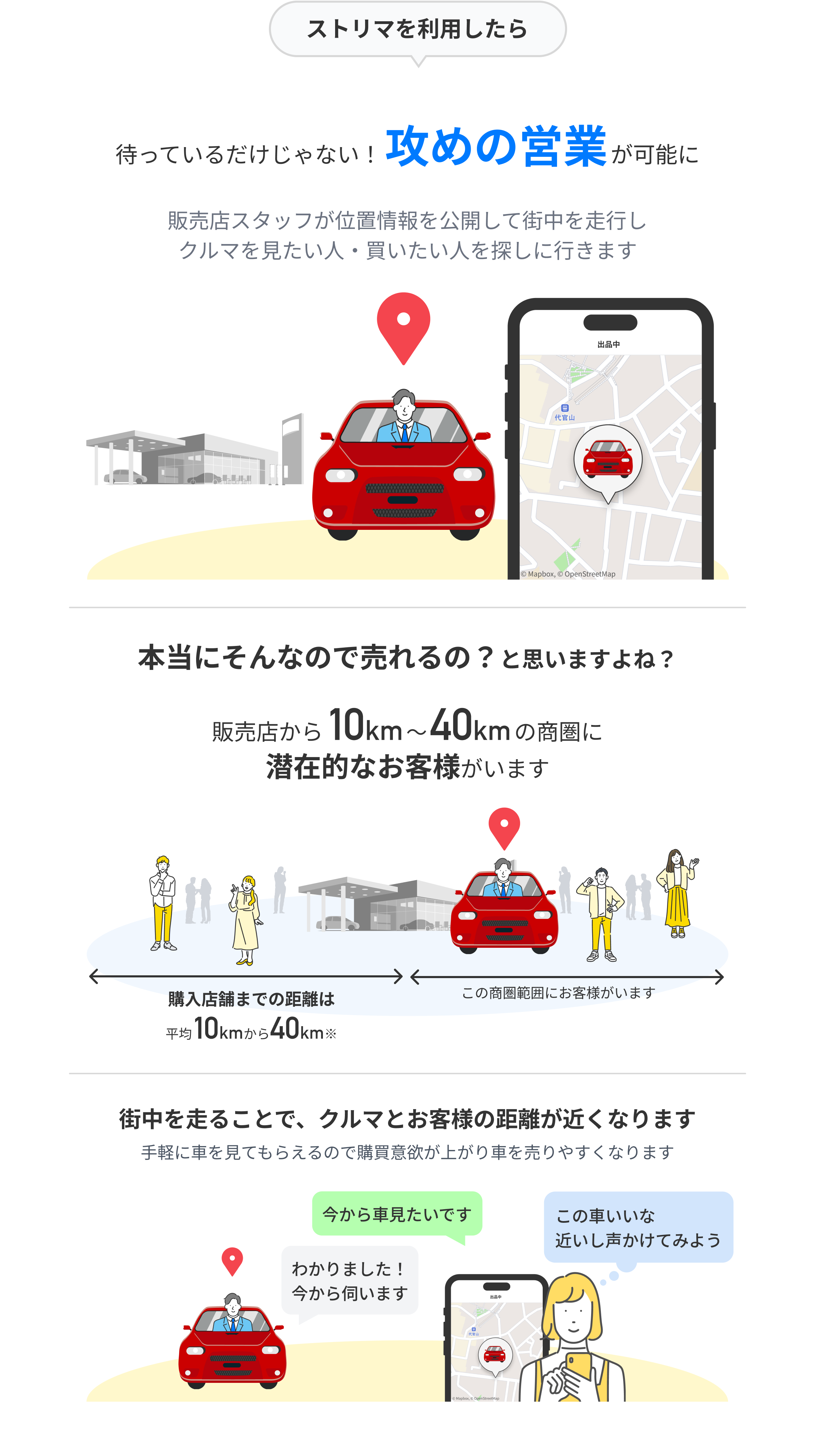 ストリマでは、ただ待つだけではない、自ら車を運転して営業に行くことができる